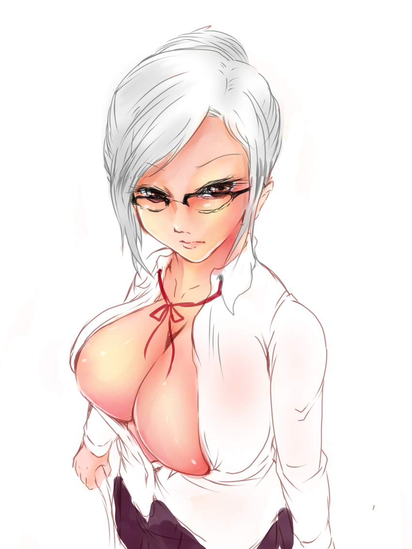 breasts cleavage glasses highres large_breasts lips nabe_(ingenmame) prison_school red_eyes shiraki_meiko short_hair silver_hair simple_background sketch skirt solo white_background