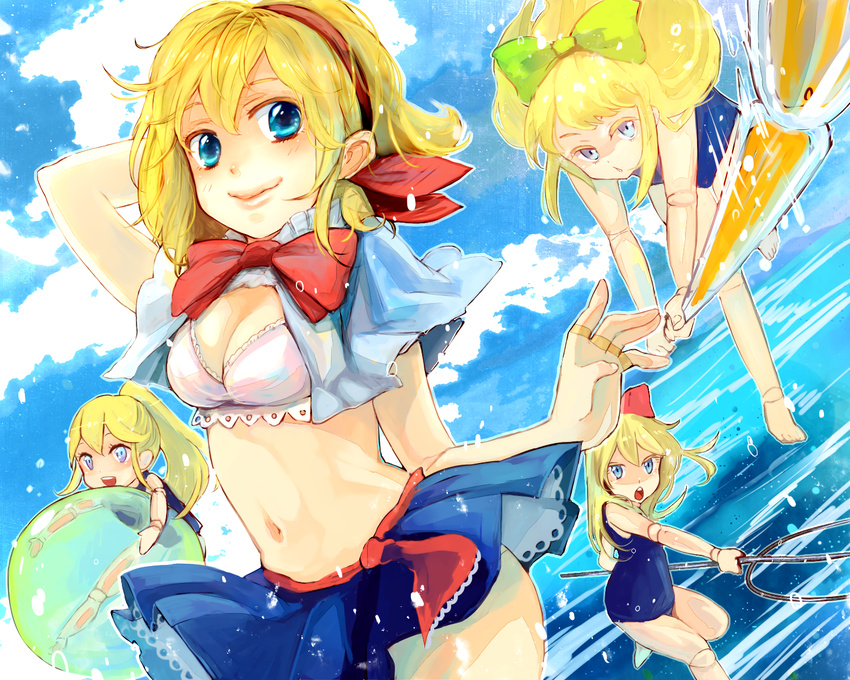 alice_margatroid arm_behind_head ball beachball bikini bikini_top blonde_hair blue_eyes blue_sky bow capelet cloud day doll_joints hair_bow hair_ribbon highres jewelry long_hair looking_at_viewer meiji_(charisma_serve) midriff miniskirt navel no_shirt ocean one-piece_swimsuit open_mouth polearm ponytail ribbon ring school_swimsuit shanghai_doll short_hair skirt sky smile swimsuit touhou traditional_media trident water watercolor_(medium) weapon white_bikini