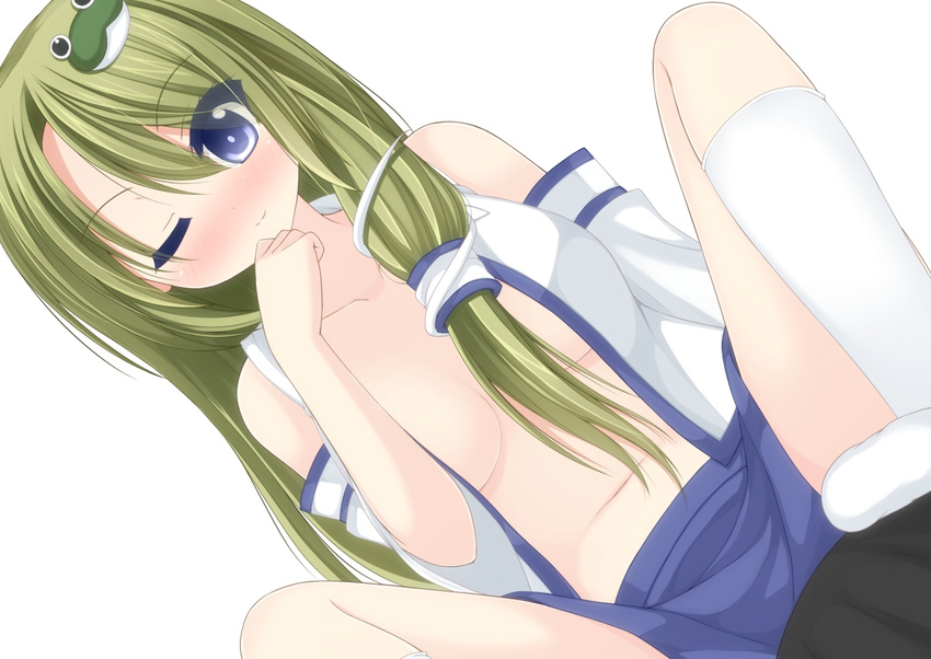 bare_shoulders blue_eyes blush breasts chimunge collarbone detached_sleeves frog_hair_ornament green_hair hair_ornament kochiya_sanae large_breasts long_hair looking_at_viewer midriff one_eye_closed open_clothes open_shirt shirt simple_background sitting smile snake_hair_ornament socks solo spread_legs touhou white_background white_legwear wide_sleeves