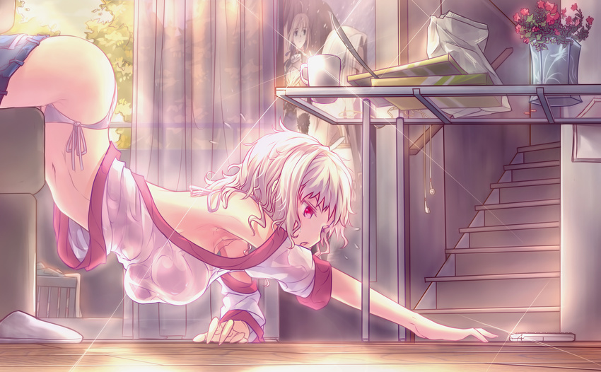 arched_back artoria_pendragon_(all) ass bare_shoulders breasts commentary controller denim emiya_kiritsugu fate/kaleid_liner_prisma_illya fate/zero fate_(series) flower flying_sweatdrops glint hanging_breasts highres hourai_no_hangentsuki irisviel_von_einzbern jeans large_breasts lazy leysritt messy_hair navel no_bra open_mouth panties pants pants_down poster_(object) reaching red_eyes remote_control saber side-tie_panties slippers solo stomach sweat top-down_bottom-up underwear white_hair white_panties