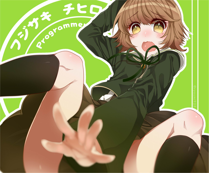 arm_over_head bad_id bad_pixiv_id between_legs black_legwear blush brown_hair character_name crossdressing danganronpa danganronpa_1 fujisaki_chihiro green_background green_eyes hand_between_legs kneehighs long_sleeves male_focus open_mouth otoko_no_ko ryoumi_shizuku school_uniform short_hair skirt solo spread_legs