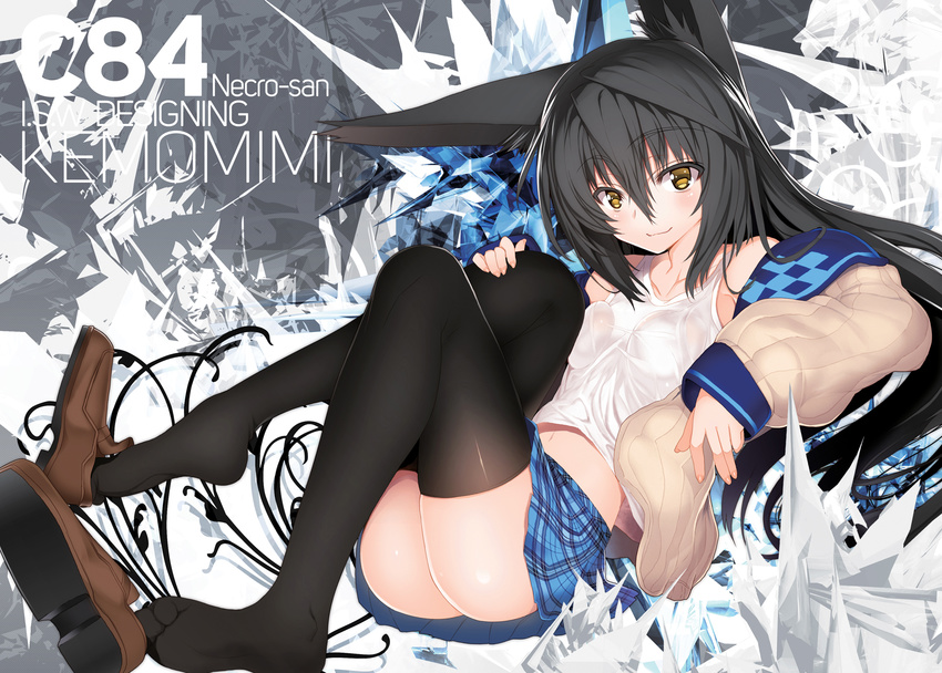 abstract_background animal_ears black_hair char highres jacket long_hair necro-san original shirt shoe_dangle shoes skirt solo tank_top thighhighs wet wet_clothes wet_shirt yellow_eyes