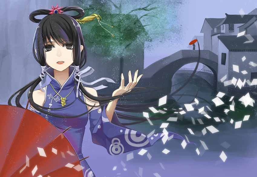 bad_id bad_pixiv_id black_eyes black_hair china_dress chinese_clothes cross_akiha detached_sleeves dress long_hair luo_tianyi solo vocaloid vocanese
