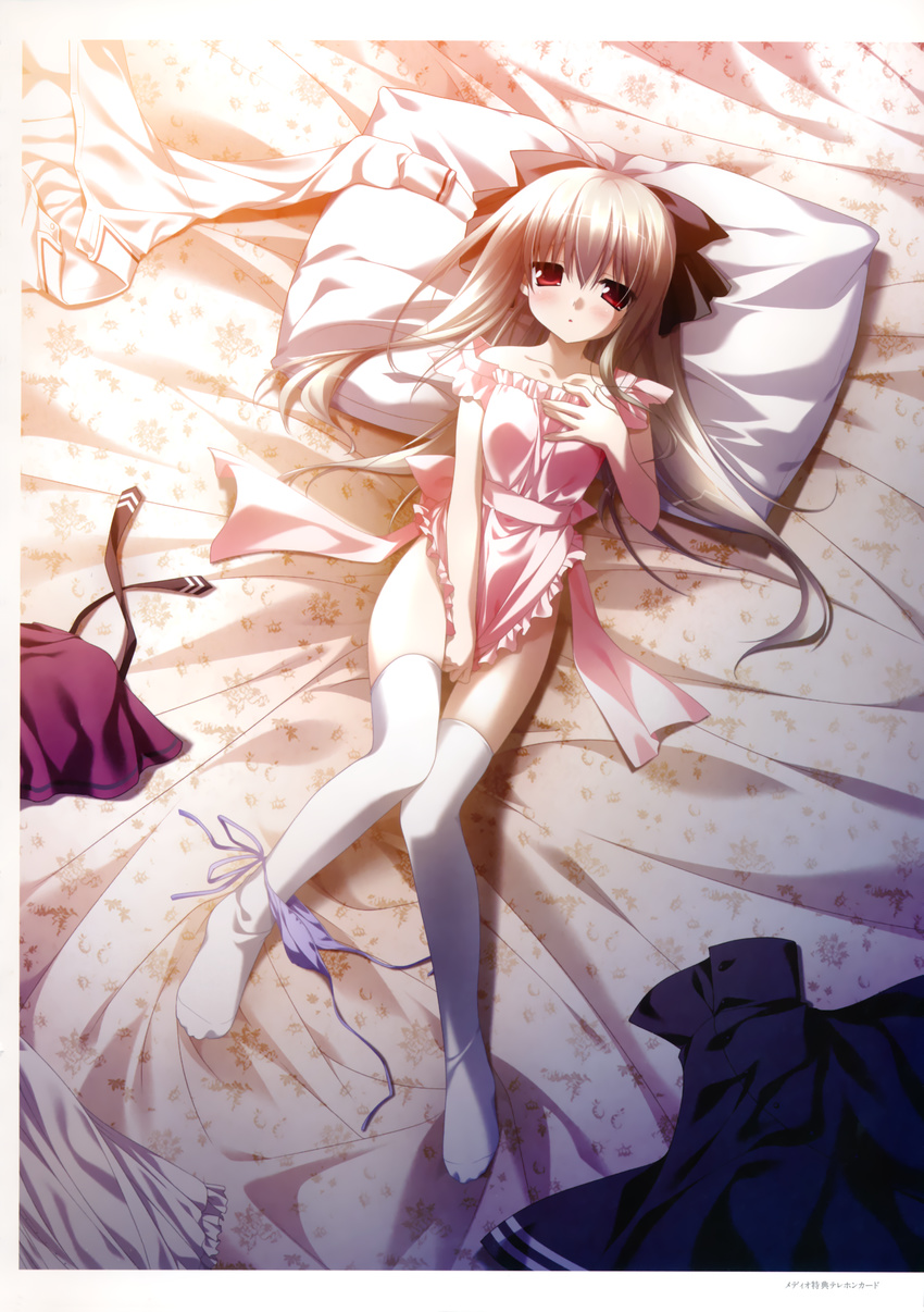 absurdres apron bed bed_sheet blush chikotam collarbone covering covering_crotch eden_they_were_only_two_on_the_planet hand_on_own_chest highres indoors legs looking_at_viewer lying naked_apron no_shoes on_back on_bed panties panties_around_one_leg panty_pull pillow purple_panties red_eyes school_uniform shirt_removed side-tie_panties sion_(eden) tareme thighhighs underwear untied white_hair white_legwear