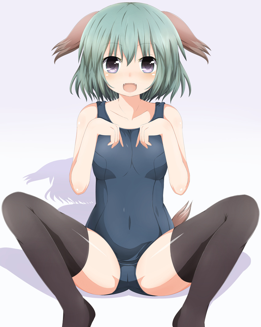absurdres alternate_costume animal_ears bad_id bad_pixiv_id black_hair collarbone covered_navel fangs gradient gradient_background green_hair grey_eyes highres kasodani_kyouko looking_at_viewer masa_masa one-piece_swimsuit open_mouth school_swimsuit shadow sitting smile solo spread_legs swimsuit tail thighhighs touhou