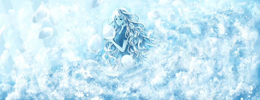 ahoge black_eyes blue breasts bubble closed_mouth commentary_request curly_hair highres long_hair looking_at_viewer medium_breasts original sakimori_(hououbds) smile solo water