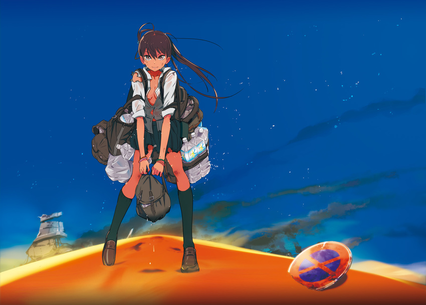 bag bottle brown_eyes brown_hair desert highres long_hair looking_at_viewer mebae open_clothes open_vest original ponytail sand solo torn_clothes vest water_bottle