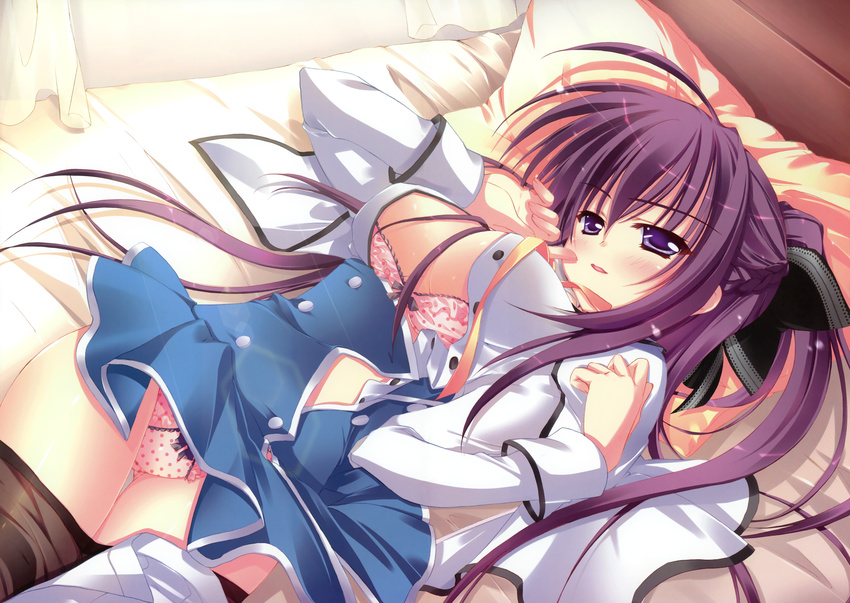 bed blush bra cleavage hinamatsuri_touko karigane_maisa long_hair open_shirt panties pantyhose purple_eyes purple_hair reloaded_carmine seifuku underwear