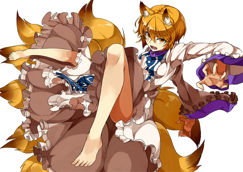 animal_ears barefoot blonde_hair fox_ears fox_tail hide448 multiple_tails no_hat no_headwear open_mouth slit_pupils solo tail touhou white_background yakumo_ran yellow_eyes