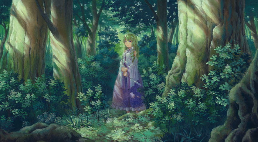 blue_eyes brush_(medium) detached_sleeves forest frog_hair_ornament gohei grass green_hair hair_ornament hair_tubes hands_together highres kochiya_sanae long_hair looking_at_viewer miso_pan nature paint_(medium) smile snake_hair_ornament solo touhou traditional_media