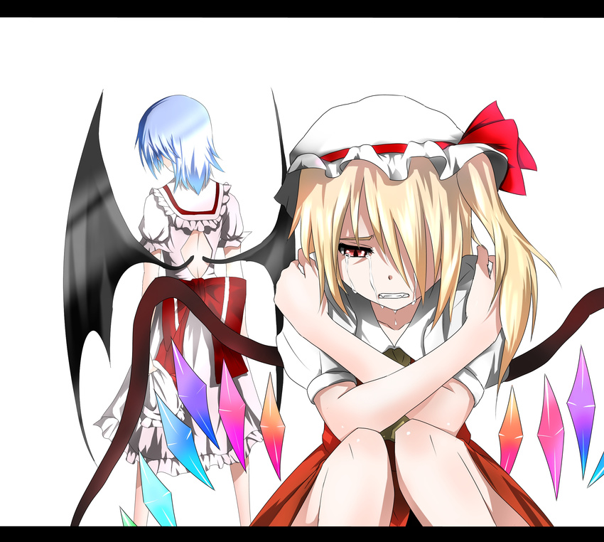 back_cutout bad_id bad_pixiv_id bat_wings blonde_hair blue_hair bow clenched_teeth crossed_arms crying crying_with_eyes_open elbow_on_knee elbows_on_knees fangs flandre_scarlet from_behind hair_over_one_eye hands_on_shoulders hat hat_ribbon headwear_removed highres knees_together letterboxed looking_down mob_cap multiple_girls red_eyes remilia_scarlet ribbon self_hug short_hair short_sleeves siblings side_ponytail simple_background sisters sitting skirt skirt_set slit_pupils standing streaming_tears tatetsuki tears teeth touhou white_background wings