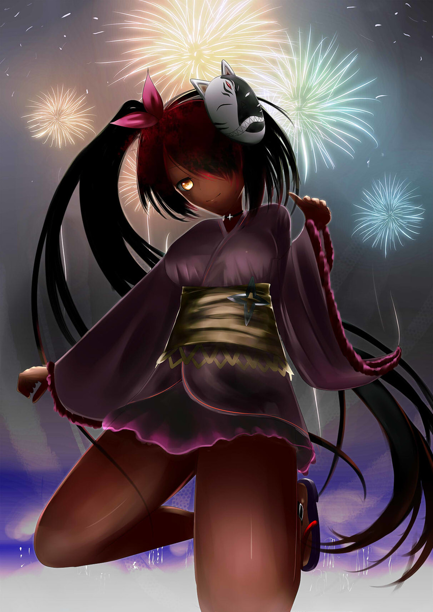 black_hair fireworks fox_mask glowing glowing_eyes highres japanese_clothes jewelry long_hair mask master_nemesis mtcexe3 necklace solo to_love-ru to_love-ru_darkness yellow_eyes