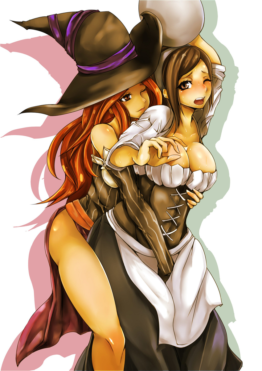 bodice breasts brown_eyes brown_hair cleavage commentary_request dragon's_crown dress elbow_gloves gggg gloves hairband hat highres huge_breasts legs long_hair multiple_girls one_eye_closed open_mouth pot red_hair sash sorceress_(dragon's_crown) strapless strapless_dress sweat thighs village_girl_(dragon's_crown) wince witch_hat yuri