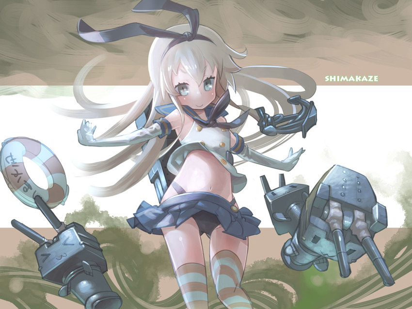 anchor anchor_hair_ornament black_panties blonde_hair blush elbow_gloves gloves hair_ornament hairband kantai_collection long_hair looking_at_viewer navel outstretched_arms panties rensouhou-chan shimakaze_(kantai_collection) skirt smile solo spread_arms striped striped_legwear thighhighs underwear white_gloves xanado