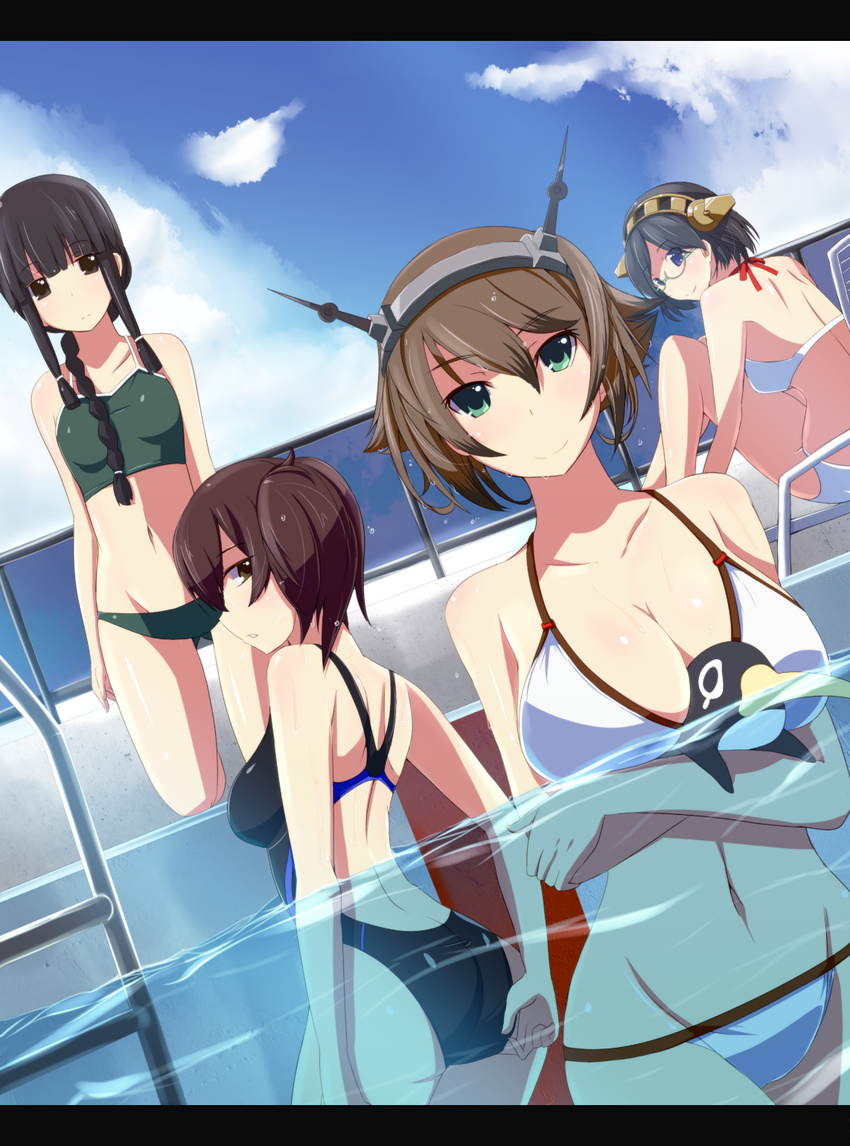 adjusting_clothes adjusting_swimsuit ass bikini black_eyes black_hair braid breasts brown_eyes brown_hair cleavage cloud competition_swimsuit day dutch_angle failure_penguin glasses green-framed_eyewear green_eyes hairband highres kaga_(kantai_collection) kantai_collection kichihachi kirishima_(kantai_collection) kitakami_(kantai_collection) kneeling large_breasts letterboxed long_hair medium_breasts multiple_girls mutsu_(kantai_collection) navel one-piece_swimsuit outdoors partially_underwater_shot pool pool_ladder semi-rimless_eyewear short_hair sitting sky small_breasts smile swimsuit under-rim_eyewear wading water