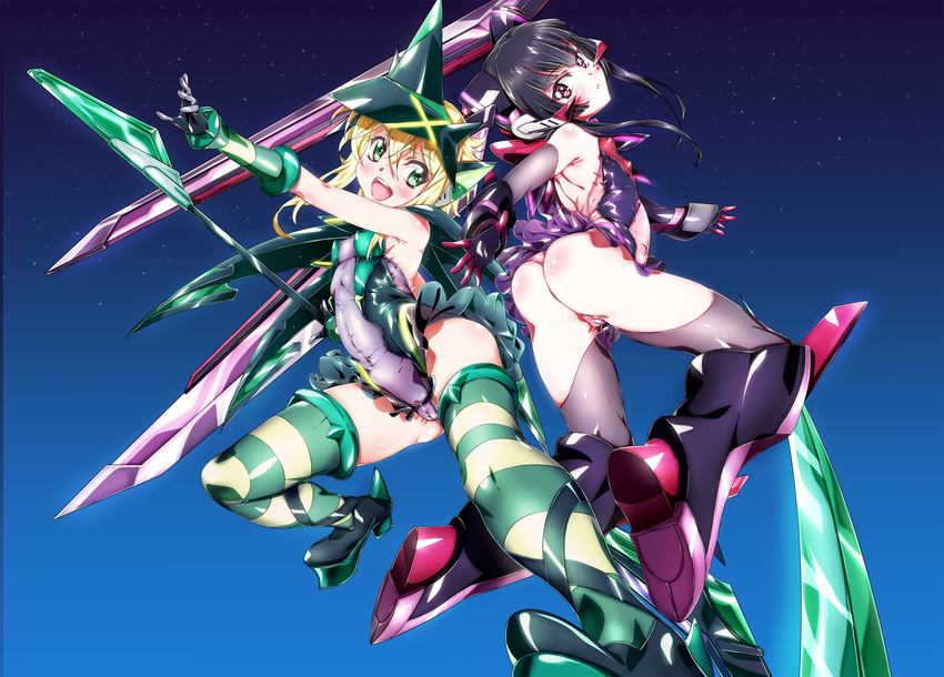 :d absurdres akatsuki_kirika ass black_hair black_legwear blonde_hair bodysuit breasts cameltoe covered_nipples elbow_gloves foreshortening gloves green_eyes headgear highres leotard long_hair multiple_girls niko_(tama) one-piece_thong open_mouth polearm purple_eyes scythe senki_zesshou_symphogear small_breasts smile striped striped_legwear thighhighs thong_leotard tsukuyomi_shirabe twintails weapon