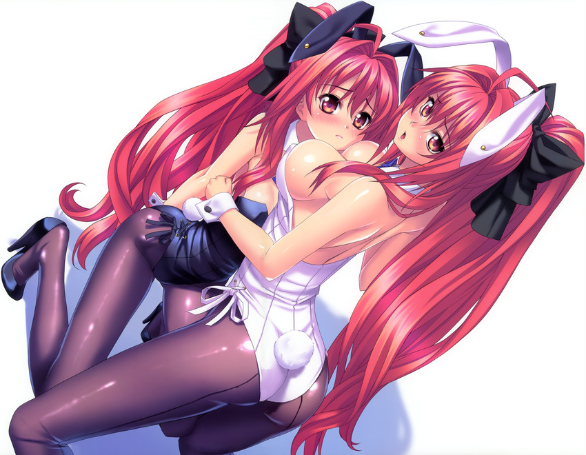 2girls animal_ears ass blush breasts bunny_ears bunnygirl cleavage corticarte_apa_lagranges kannatsuki_noboru long_hair ponytail red_eyes red_hair shinkyoku_soukai_polyphonica