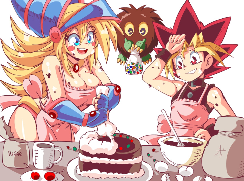 1boy 1girl apron bare_shoulders blonde_hair blue_eyes blush_stickers bocodamondo breasts cake cleavage collar collarbone dark_magician_girl food gauntlets happy hat kuriboh large_breasts long_hair multicolored_hair mutou_yuugi open_mouth panties pink_panties red_eyes red_hair simple_background sleeveless smile spiked_hair two-tone_hair underwear upper_teeth white_background wizard_hat yu-gi-oh!