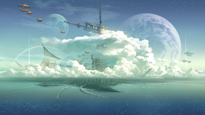 airship earth full_moon mocha_(cotton) moon no_humans ocean original planet scenery science_fiction ship sky star watercraft