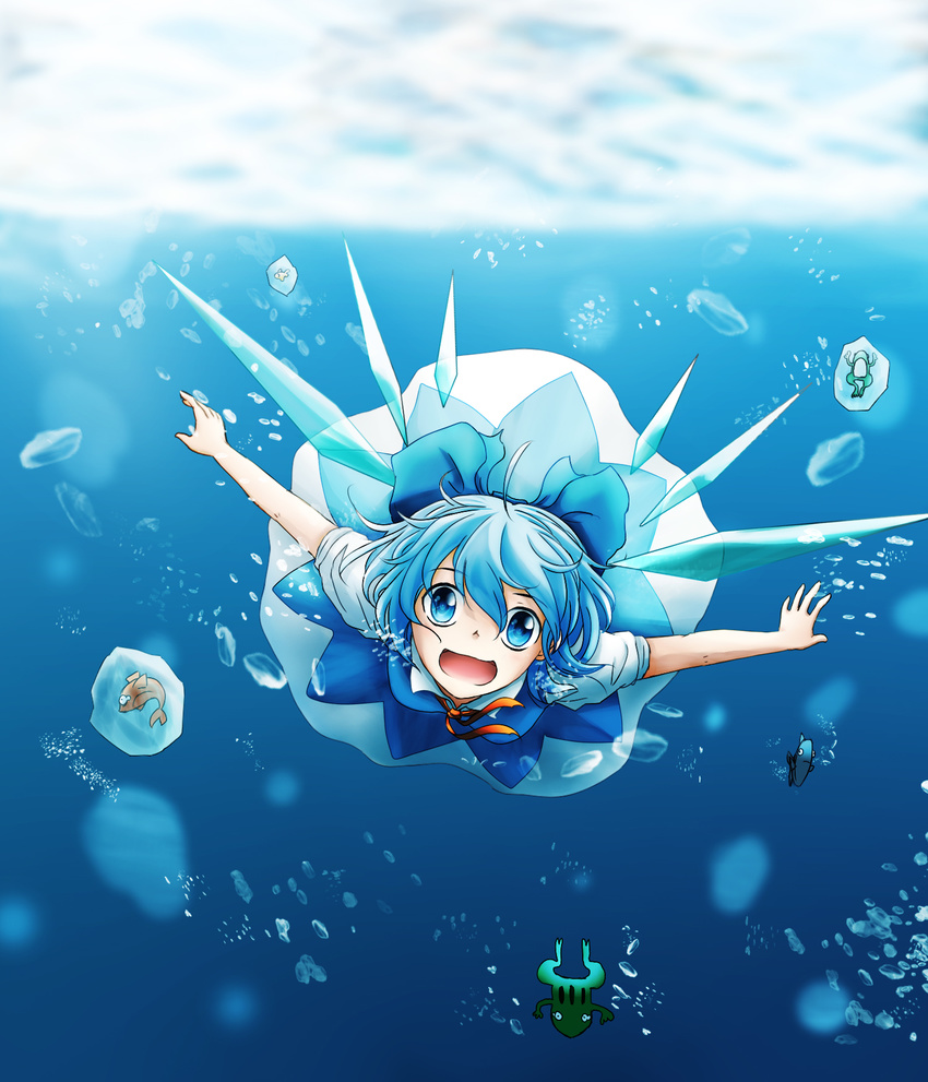 blue_dress blue_eyes blue_hair bow bubble cirno crystal_(zhimengxingyun) diving dress fish frog frozen frozen_frog hair_bow highres ice ice_wings looking_at_viewer open_mouth outstretched_arms short_sleeves smile solo touhou underwater wings