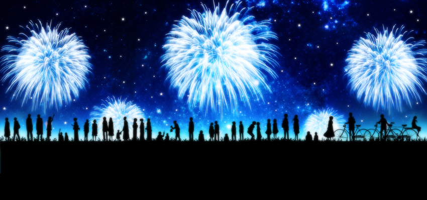 bicycle fireworks harada_miyuki night original silhouette sky stars