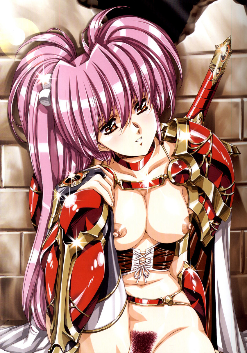 1girl armor breasts breasts_outside female_warrior nipples pubic_hair purple_hair urushihara_satoshi