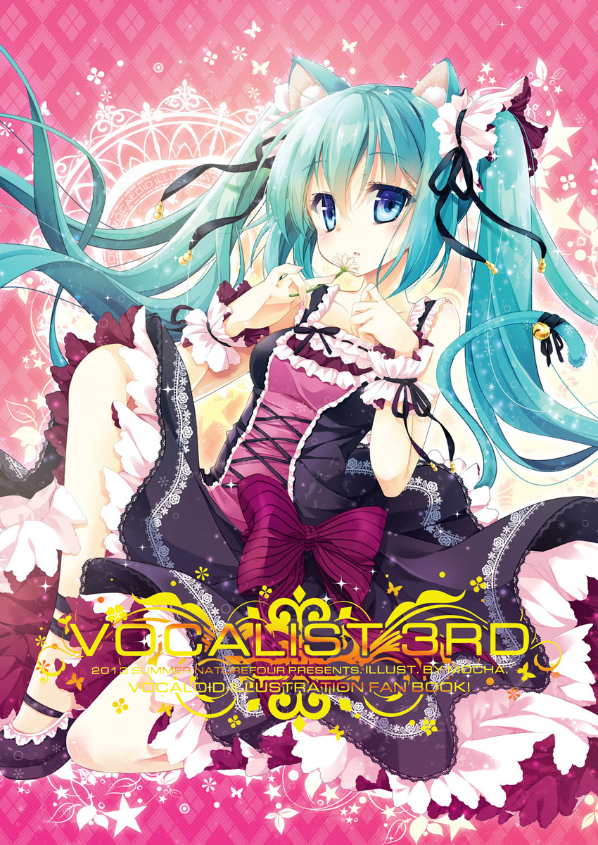 2013 animal_ears aqua_hair bell blue_eyes cat_ears cat_tail dress flower hair_ribbon hatsune_miku highres jingle_bell long_hair mocha_(naturefour) ribbon solo tail twintails very_long_hair vocaloid