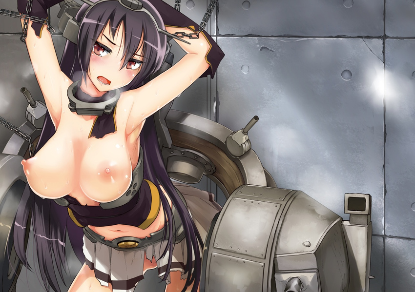 armpits arms_up bare_shoulders bdsm black_hair blush bondage bound breasts chain elbow_gloves gloves hair_ornament kantai_collection large_breasts long_hair miniskirt mozu_(peth) nagato_(kantai_collection) navel nipples open_mouth red_eyes restrained skirt solo torn_clothes torn_skirt