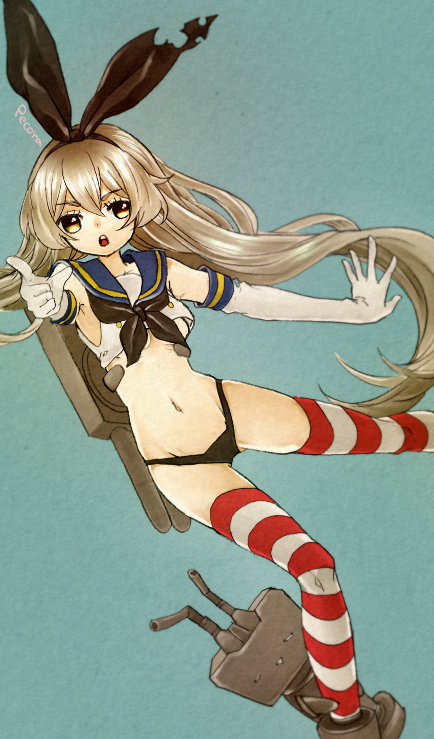 artist_name black_panties blonde_hair elbow_gloves gloves hair_ornament hair_ribbon hairband highres kantai_collection long_hair navel open_mouth p_e_c_o_r_a panties rensouhou-chan ribbon sailor_collar shimakaze_(kantai_collection) solo striped striped_legwear thighhighs underwear white_gloves