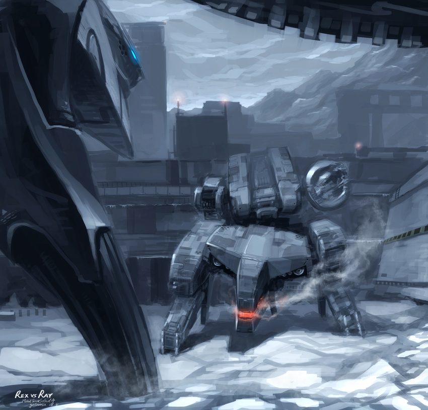 epic glowing highres mecha metal_gear_(series) metal_gear_ray metal_gear_rex metal_gear_solid_4 no_humans showdown signature snow spoilers vapors yelansu