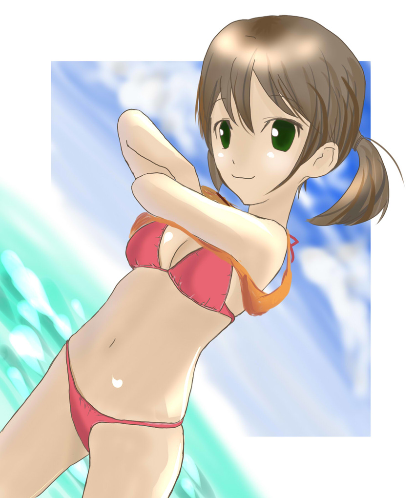 beach bikini brown_hair green_eyes highres naname_(nanameue) original short_hair solo swimsuit undressing