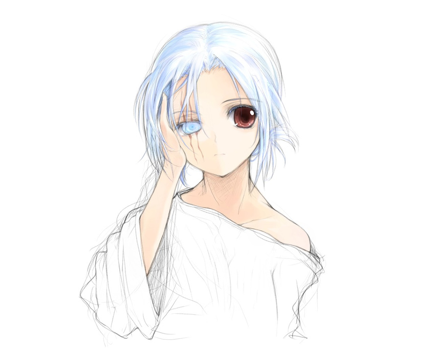 bad_id bad_pixiv_id blue_eyes blue_hair brown_eyes hara_takehito heterochromia original scar scar_across_eye short_hair sketch solo