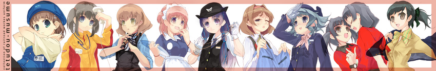 apron aqua_eyes aqua_hair black_hair blue_eyes blue_hair brown_eyes brown_hair closed_eyes female_service_cap fuji_kyuko gloves green_eyes hair_ornament hair_ribbon hairband hairclip hat highres hiraizumi_aoba hiraizumi_tsubasa jr_east_retail_net jreast_tessei kasukabe_shia keiou_dentetsu kitano_tsutsuji kitano_yuusuke long_hair long_image looking_at_viewer looking_away maibara_haruka multiple_girls name_tag necktie nippon_restaurant_enterprise odakyu_restaurant_system one_eye_closed ootsuki_miina open_mouth original pink_hair purple_eyes purple_hair ribbon scarf shibusawa_asagi shirakawa_hibari short_hair short_sleeves simple_background smile tetsudou_musume tobu_shoji train_attendant tsujidou_midori twintails uniform vest waitress watch west_japan_railway_maintec whistle white_gloves wide_image wristwatch yellow_eyes