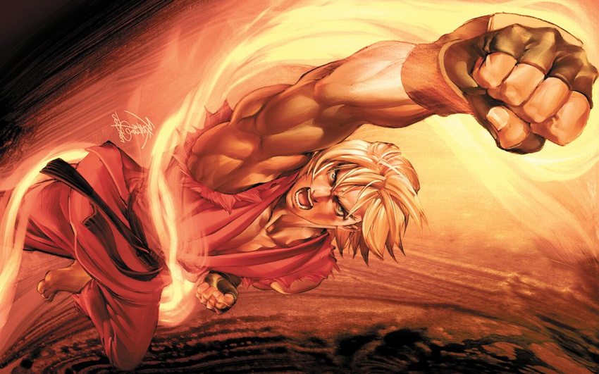 1280x800 blond_hair blue_eyes capcom dougi fight fighting fingerless_gloves game ken_masters male male_focus punch punching shoryuken shouryuuken street_fighter strong uppercut video_game yell