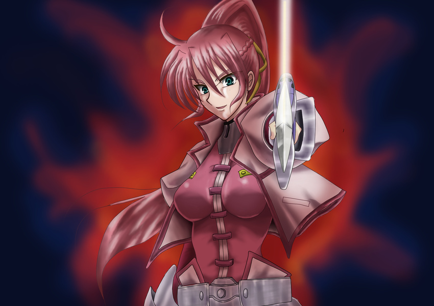 ahoge aiming_at_viewer arm_at_side aura bangs breasts cropped_jacket hair_between_eyes highres holding holding_sword holding_weapon jacket left-handed levantine long_hair looking_at_viewer lyrical_nanoha mahou_shoujo_lyrical_nanoha mahou_shoujo_lyrical_nanoha_a's medium_breasts open_clothes open_jacket outstretched_arm ponytail puffy_sleeves red_eyes signum smirk solo sword unsheathed upper_body weapon