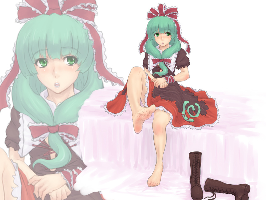 barefoot blush boots boots_removed brown_footwear cross-laced_footwear dress feet front_ponytail green_eyes green_hair hair_ribbon highres kagiyama_hina knee_boots kuro_suto_sukii lace-up_boots long_hair open_mouth ribbon shoes_removed sitting solo touhou zoom_layer