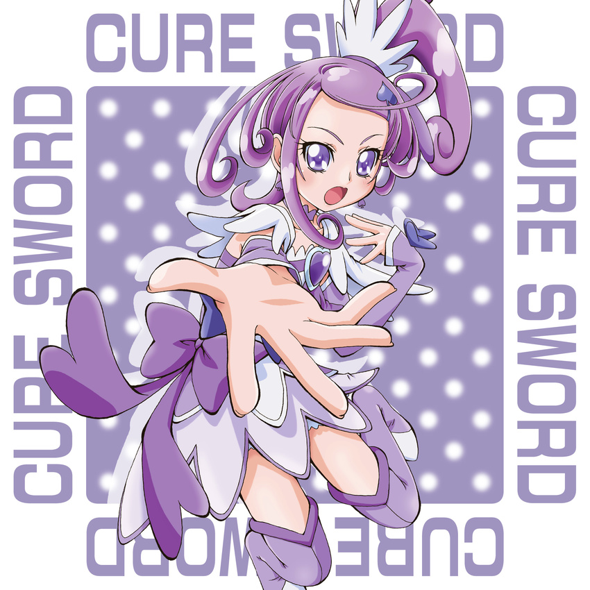 boo_(takagi) boots choker cure_sword dokidoki!_precure earrings full_body hair_ornament highres jewelry kenzaki_makoto magical_girl open_mouth ponytail precure purple_choker purple_eyes purple_footwear purple_hair purple_skirt ribbon skirt sleeves_past_wrists solo spade_(shape) spade_hair_ornament thigh_boots thighhighs