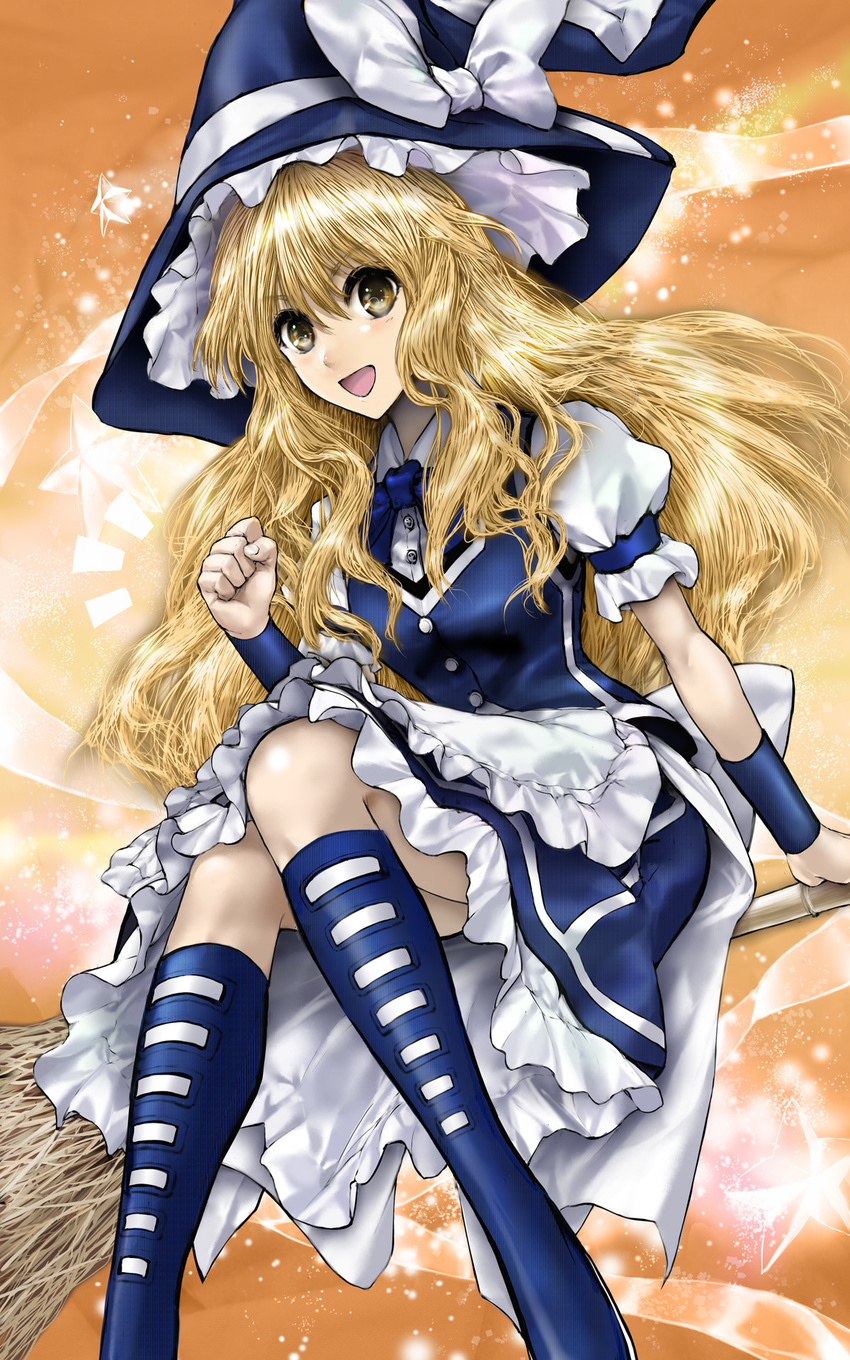 :d ankle_lace-up blonde_hair boots broom broom_riding cross-laced_footwear dress hat highres kirisame_marisa legs open_mouth smile touhou umami_(sakeikura) witch_hat yellow_eyes