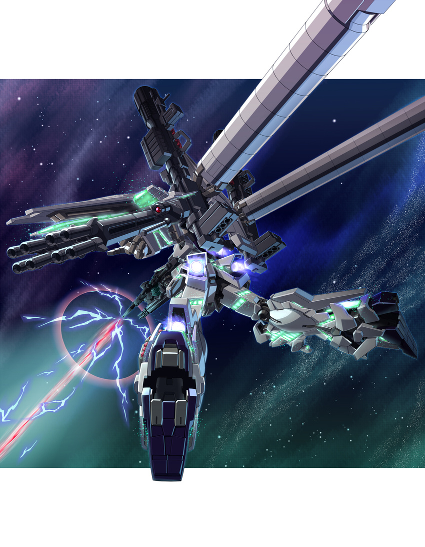 back bazooka beam_rifle energy_gun full_armor_unicorn_gundam gatling_gun glowing gun gundam gundam_unicorn highres mecha no_humans nt-d shield space star star_(sky) thrusters unicorn_gundam weapon zero_gravity