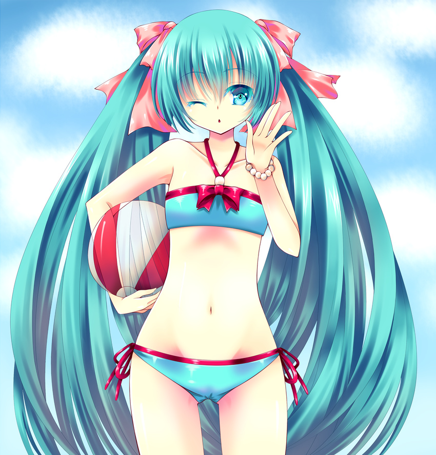 aqua_eyes aqua_hair bad_id bad_pixiv_id ball beachball bikini hatsune_miku highres long_hair one_eye_closed shisui_suzuka smile solo swimsuit twintails very_long_hair vocaloid