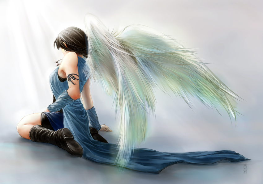 black_hair boots commentary comustdream final_fantasy final_fantasy_viii from_behind highres long_hair rinoa_heartilly sitting solo wings