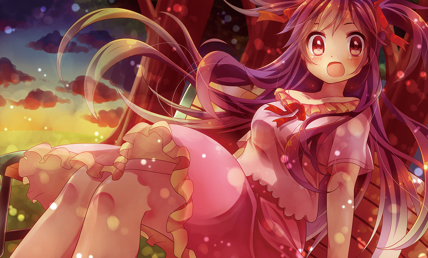 :d backlighting bench breasts hair_ribbon long_hair looking_at_viewer medium_breasts off_shoulder open_mouth original outdoors pink_eyes purple_hair ribbon sitting skirt smile solo sunset two_side_up urara_(sumairuclover) very_long_hair