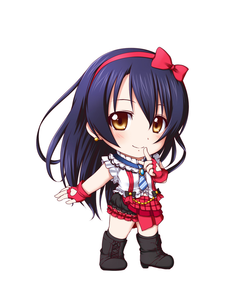 bangs black_gloves black_hair bokura_wa_ima_no_naka_de boots brooch brown_eyes center_frills chibi finger_to_mouth fingerless_gloves frilled_shirt_collar frilled_sleeves frills gloves hair_between_eyes headband heart_cutout highres jewelry kuena long_hair looking_at_viewer love_live! love_live!_school_idol_project necktie red_gloves simple_background smile solo sonoda_umi standing striped striped_neckwear suspenders white_background