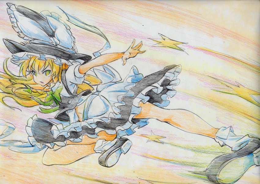 apron blonde_hair bow braid colored_pencil_(medium) dress hat hat_bow highres kicking kirisame_marisa kitazinger long_hair navel open_mouth ribbon solo speed_lines star touhou traditional_media waist_apron witch_hat yellow_eyes