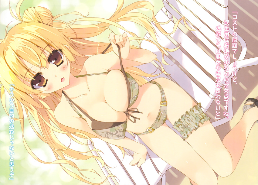 absurdres bikini blonde_hair breasts brown_eyes camouflage camouflage_bikini chair cleavage copyright_request front-tie_top halterneck highres large_breasts leg_garter legs long_hair long_legs lounge_chair sitting solo swimsuit thigh_gap thighs translation_request tsurusaki_takahiro
