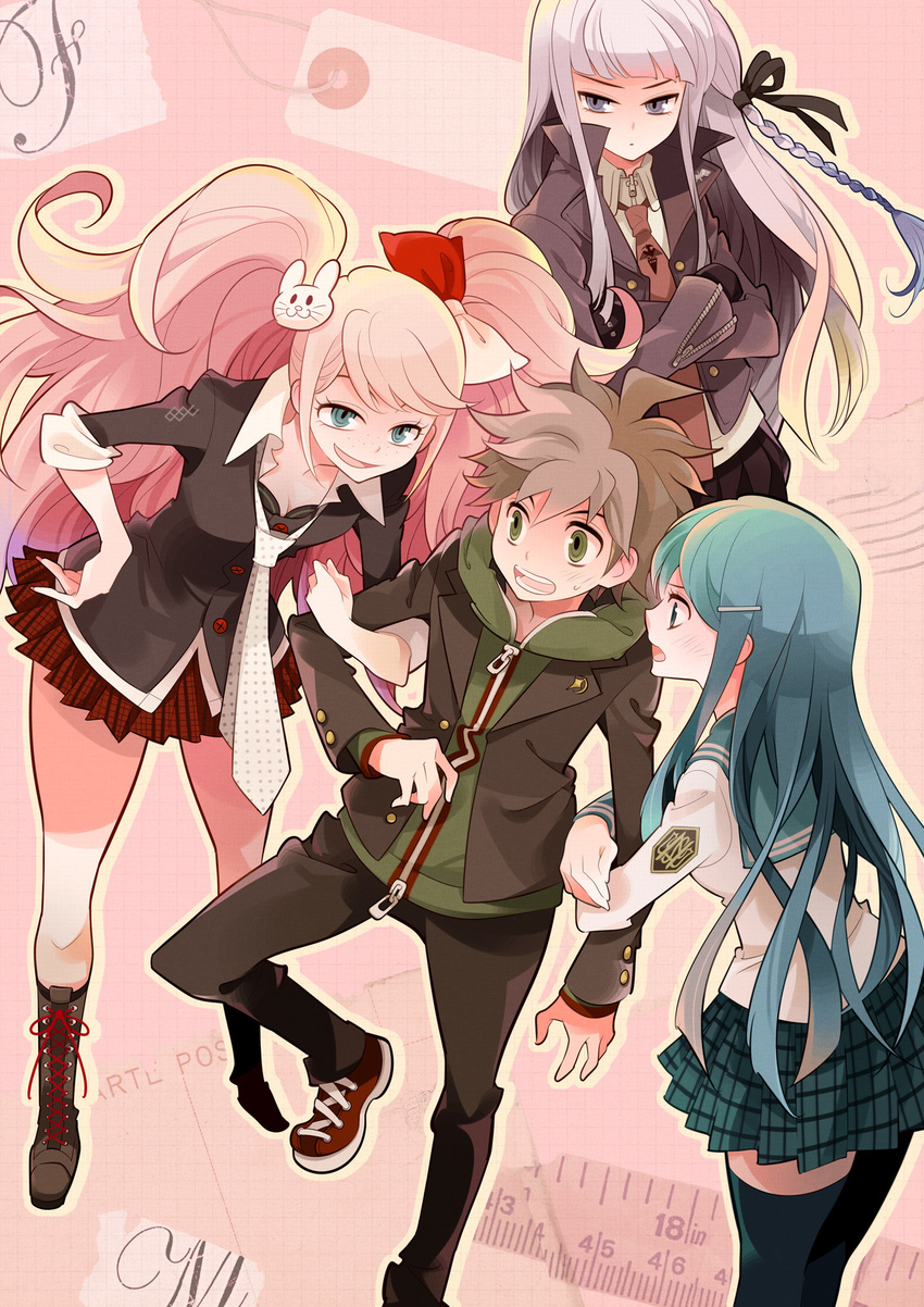 3girls aqua_eyes aqua_hair aqua_legwear arm_hug black_ribbon boots braid brown_hair buttons commentary danganronpa danganronpa_1 enoshima_junko green_eyes hair_ornament hair_ribbon hairclip harem highres hood hoodie ikusaba_mukuro jacket kirigiri_kyouko knee_boots lavender_eyes lavender_hair long_hair maizono_sayaka multiple_girls naegi_makoto necktie nogaki_suzume pink_hair plaid plaid_skirt pleated_skirt polka_dot_neckwear ribbon ruler school_uniform shoes single_braid skirt sleeves_rolled_up sneakers tag twintails zipper