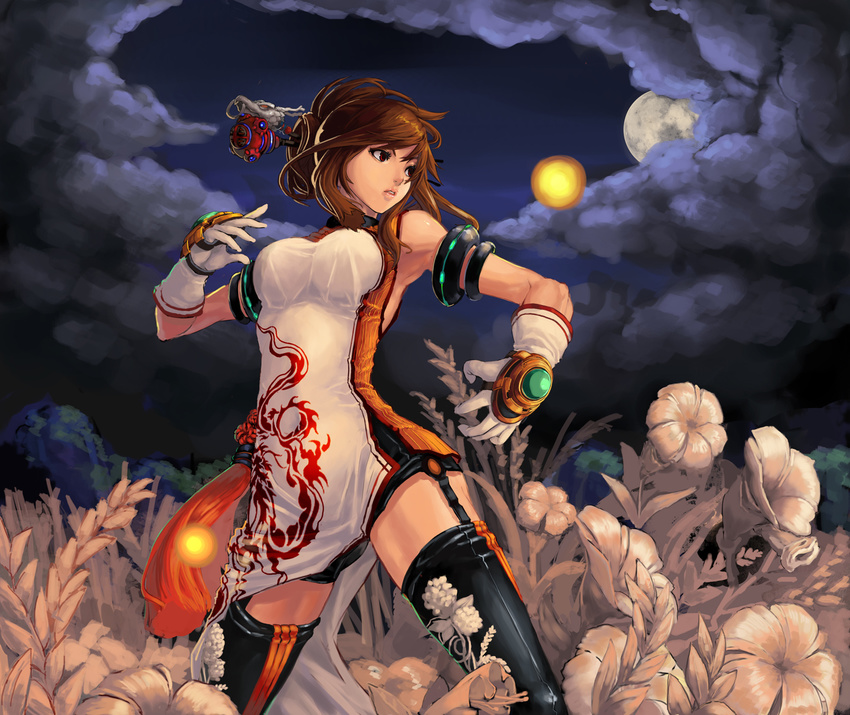 1girl armlet bare_shoulders black_legwear breasts brown_eyes brown_hair chinese_clothes cloud dungeon dungeon_and_fighter fighter_(dungeon_and_fighter) fighting_stance floral_print flower garter_straps gloves hair_ornament hair_stick highres moon nen_master parted_lips qbspdl serious short_hair simple_background solo thighhighs white_gloves