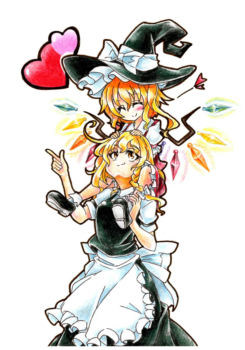 :3 apron ballpoint_pen_(medium) black_dress blonde_hair borrowed_garments bow braid carrying closed_eyes colored_pencil_(medium) dress flandre_scarlet gokuu_(acoloredpencil) happy hat hat_bow headwear_switch heart highres kirisame_marisa multiple_girls puffy_sleeves red_dress shirt short_sleeves shoulder_carry side_ponytail simple_background single_braid smile touhou traditional_media waist_apron white_background white_bow wings witch_hat yellow_eyes