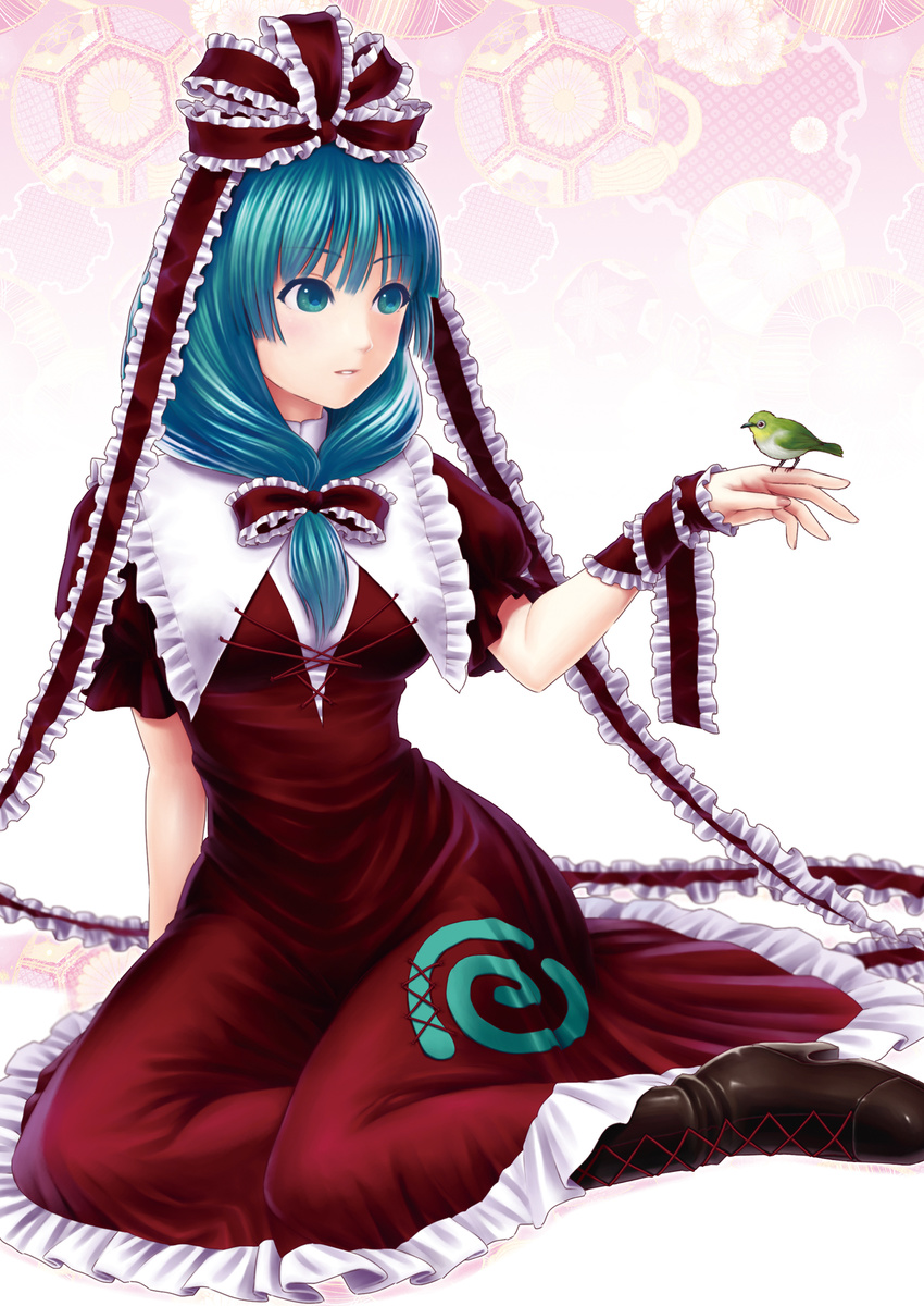 aqua_eyes aqua_hair bird boots bow breasts dress frills front_ponytail hair_bow hair_ribbon highres japanese_white-eye kageharu kagiyama_hina medium_breasts ribbon solo touhou wrist_ribbon