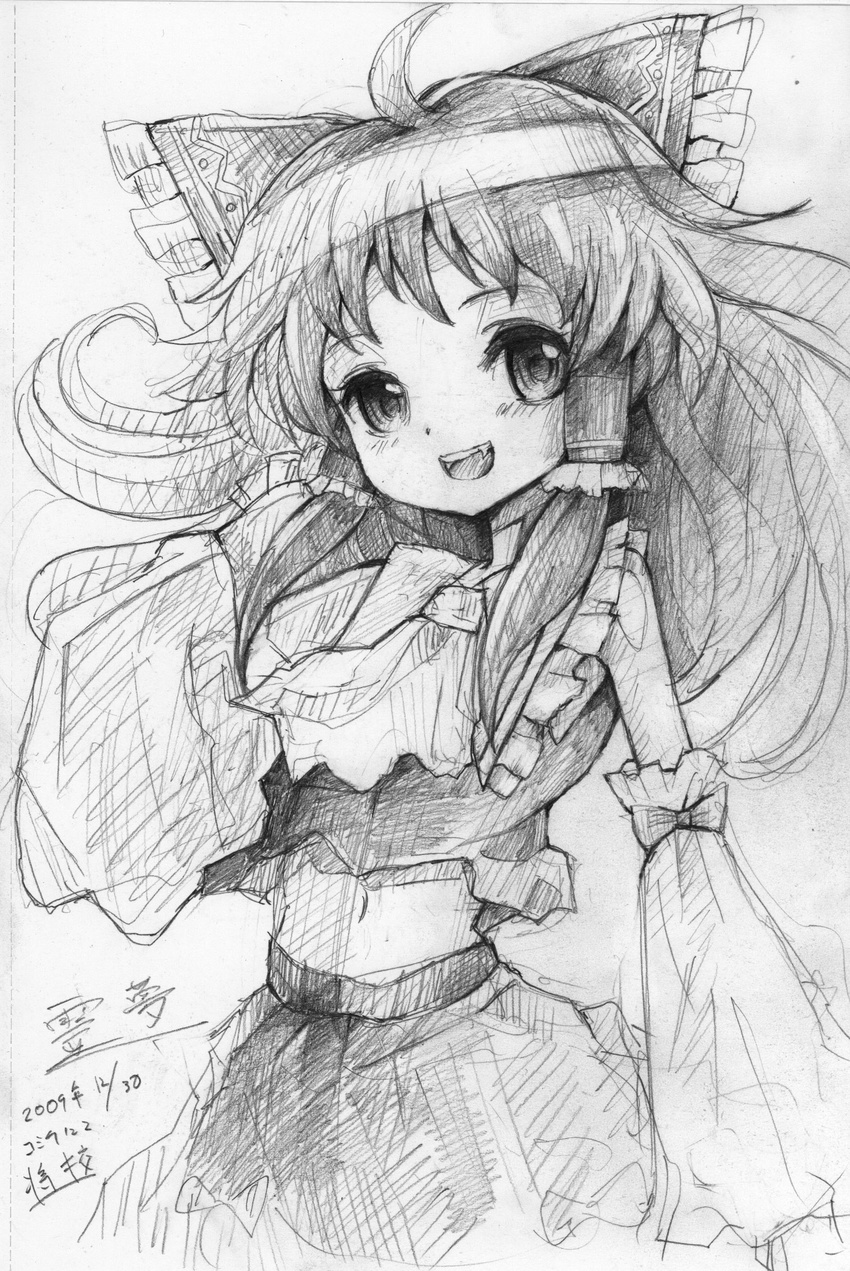 2009 ahoge ascot bangs bow colored_pencil_(medium) dated detached_sleeves eyebrows eyebrows_visible_through_hair fang greyscale hair_bow hair_tubes hakurei_reimu highres long_hair midriff monochrome navel open_mouth royce_foo sketch skirt smile solo touhou traditional_media translation_request